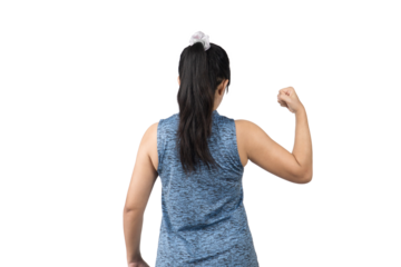 woman striking a pose to show off her arm muscles Isolated on transparent background