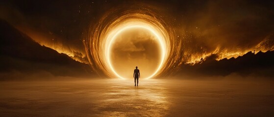 A cinematic shot of a lone figure walking through an otherworldly portal of swirling lights and stars
