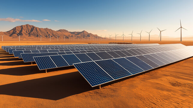hybrid renewable energy park featuring solar panels and wind turbines in desert landscape, showcasing sustainable energy solutions and natural beauty