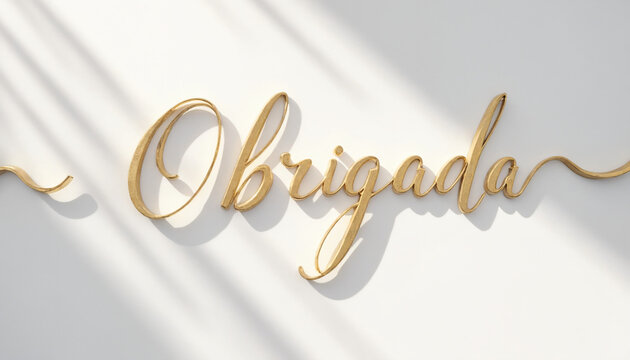 Elegant golden thank you "Obrigada" text on white wall with soft shadows