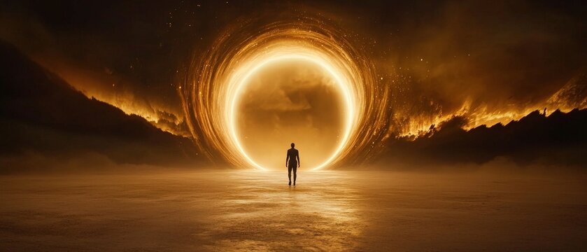 A cinematic shot of a lone figure walking through an otherworldly portal of swirling lights and stars - Powered by Adobe