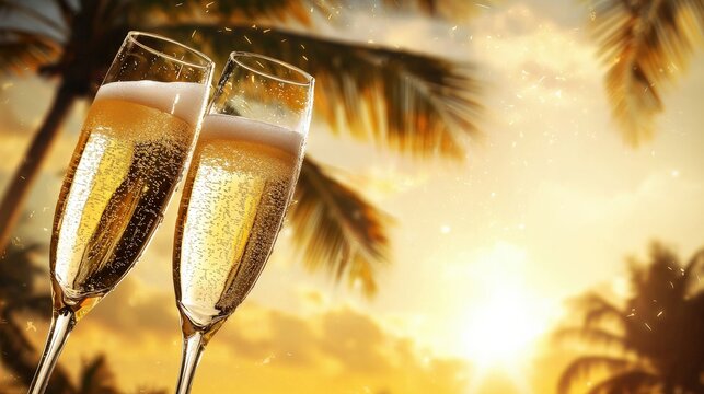 Champagne glasses clinking together against a golden sunset backdrop, tropical palm trees swaying in the background  - Powered by Adobe