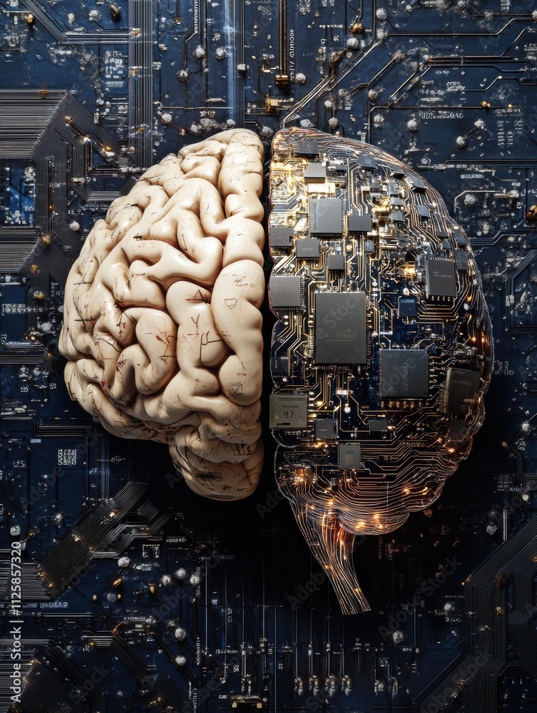 Poster a brain merged with ai elements, showcasing circuits and chips in a vibrant digital landscape, invit