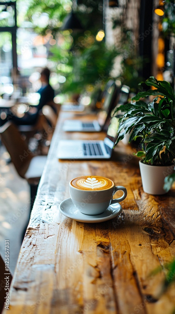 Poster a creative coworking space with coffee laptops and relaxing background music stock photo with side c
