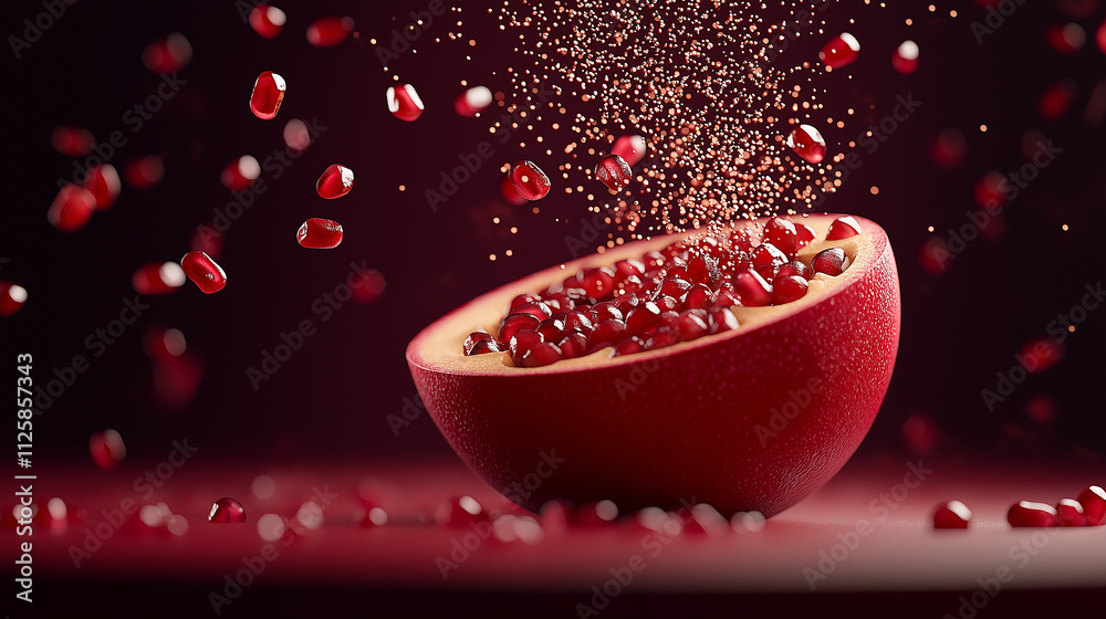 Poster juicy pomegranate seeds spilling out of halved fruit, creating vibrant display. rich red color and d