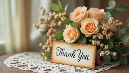 Delicate peach roses with thank you sign on vintage lace tablecloth