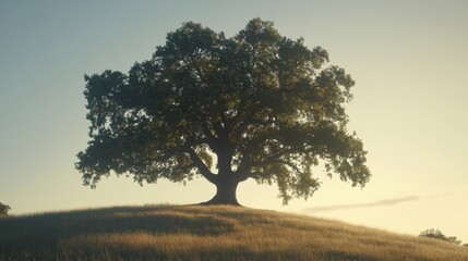 Obraz premium Majestic Oak Tree on Hilltop at Sunset