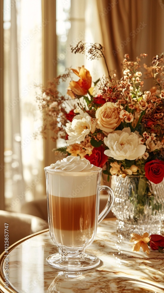 Poster an elegant evening at a jazz cafe with a hot latte and soothing melodies stock photo with side copy 