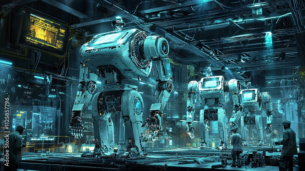 Aufkleber a futuristic laboratory with scientists working on advanced robotic prototypes stock photo with side