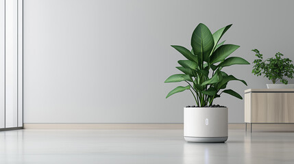 Fototapeta premium modern indoor plant in sleek white pot, enhancing minimalist decor of bright room. vibrant green leaves add refreshing touch to space