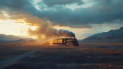 Fototapeta premium Majestic Steam Train Chugging Across Sunset Desert Landscape