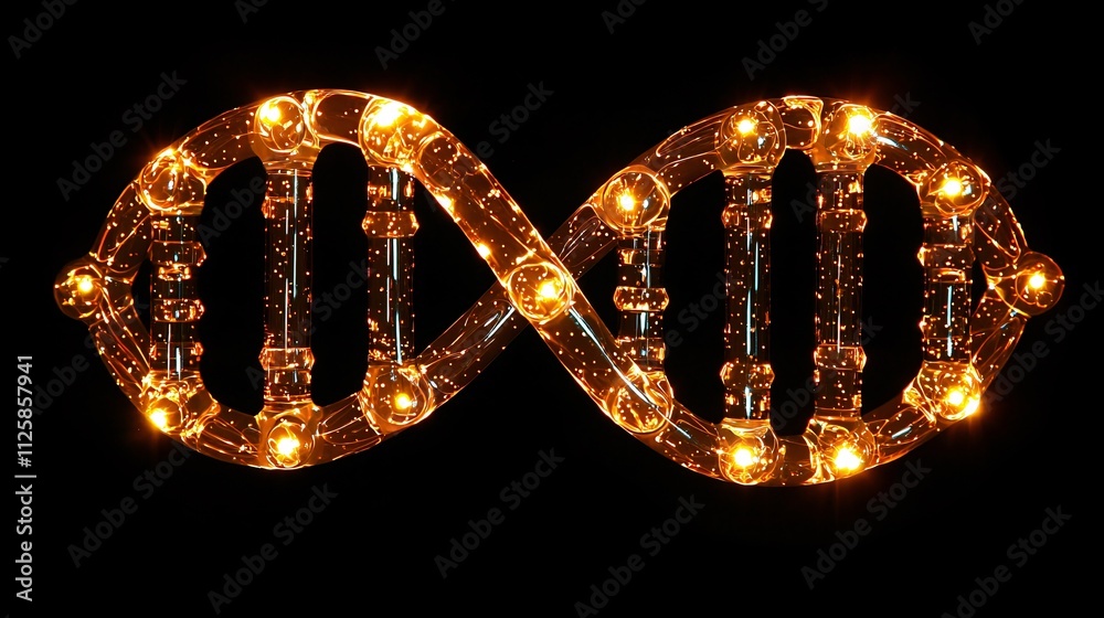 Poster A glowing DNA strand surrounded by data points representing genetic research Stock Photo with side copy space