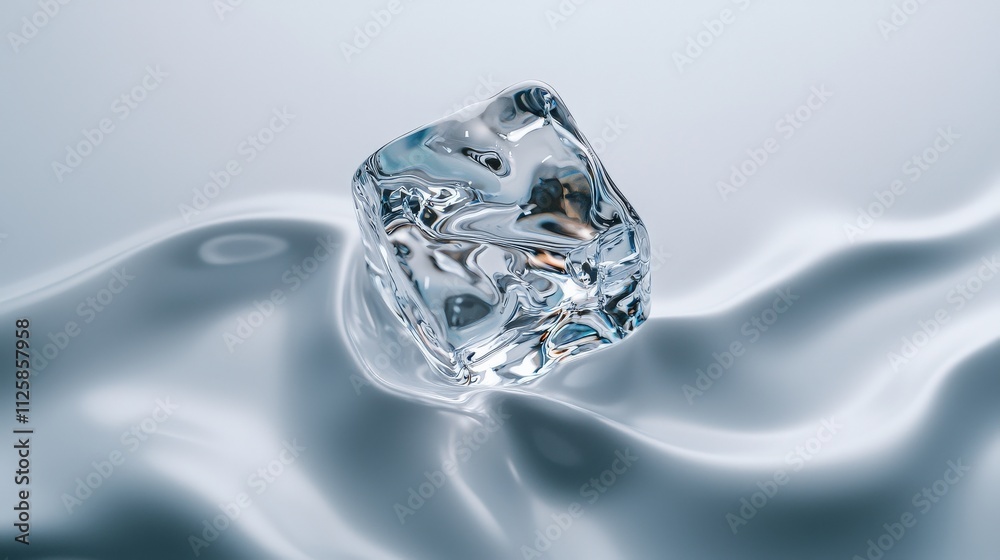 Poster a single ice cube melting on a clean white surface.