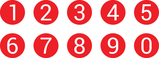 set of white number icon on red circle vector illustration.