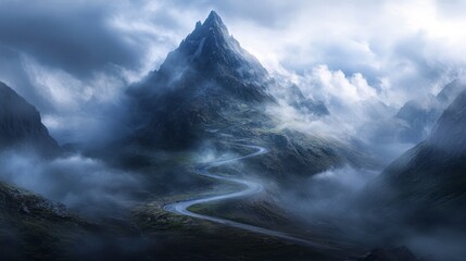Fototapeta premium Winding Mountain Road Through Misty Peaks