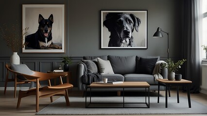 Stylish and scandinavian living room interior of modern apartment with gray sofa, design wooden commode, black table, lamp, abstrac paintings on the wall. Beautiful dog lying on the couch. Home decor.