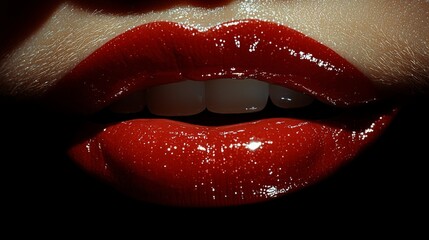 Closeup of glossy red lips with dramatic lighting