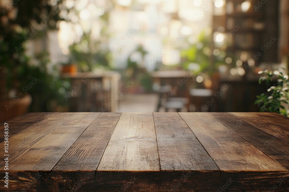 Poster empty rustic wooden table in a blurred cafe background. (1)