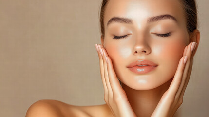 A beautiful woman with her eyes closed, gently touching and massaging the skin on her face in front of an isolated beige background