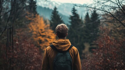 Naklejka premium A person stands at the edge of the forest looking out at a mountain in the distance