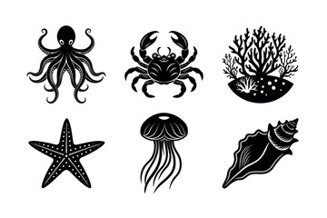 Cute Sea Animals, Shells, Corals, and Seaweed - Kawaii Sea Life Characters Cartoon Vector Illustrations