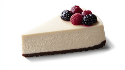 A creamy slice of cheesecake garnished with berries.