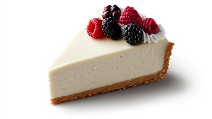 A creamy slice of cheesecake garnished with berries.