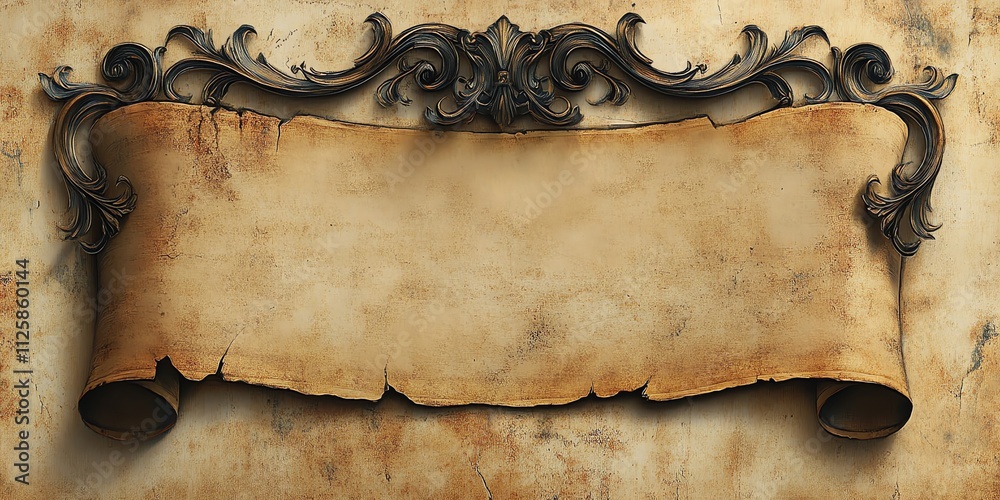 Poster an ornate scroll design on a textured background, ideal for decorative purposes or invitations.