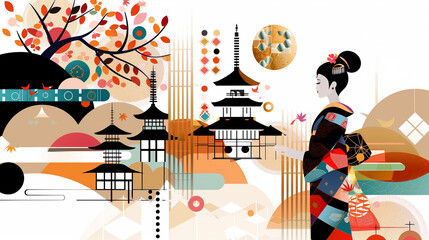 Ukiyo-e style image of Kyoto with autumn leaves