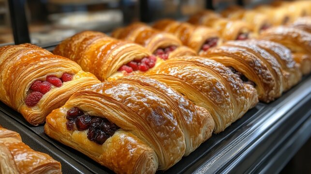 Freshly baked croissants filled with a variety of berries are neatly arranged on display in a cozy bakery during the early morning hours. The golden crust glistens invitingly.