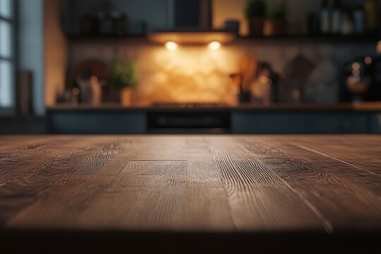 Dark wooden table in front of blurred kitchen background. (1)