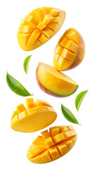 flying mango fruit and half slices isolated on transparent white background, clipping path