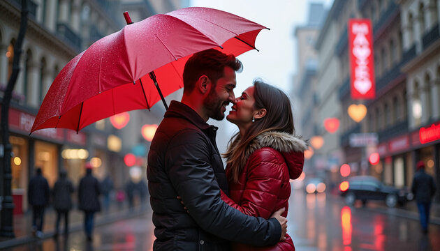 Happy couple kissing under red umbrella in rainy street - Powered by Adobe