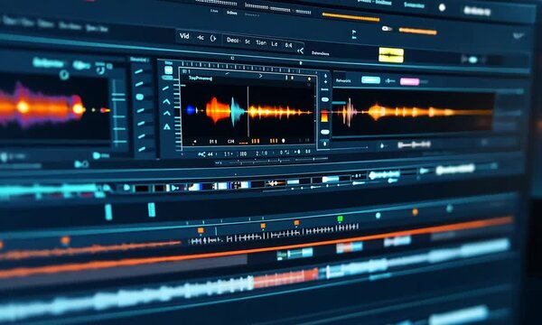 The image showcases a high-tech interface displaying various graphical elements, likely related to data analysis or digital media, emphasizing vibrant colors and intricate designs.