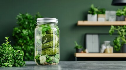 A jar of pickles with herbs floating inside.