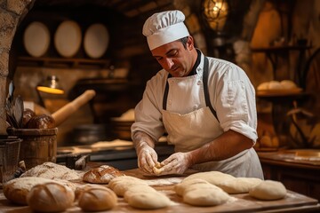 A chef in a European kitchen expertly shaping dough made from wheat flour into different types of bread, with rolling pins and other baking tools in the background.