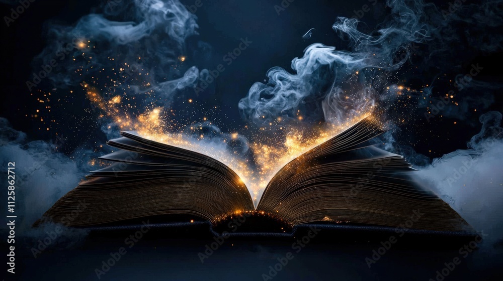 Poster an open book with gently turning pages.