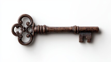 An old-fashioned key with ornate detailing, isolated on white.