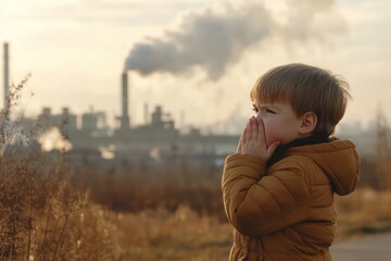 A child playing outdoors in a park, coughing and covering their mouth, with a distant view of factories pumping out pollution, highlighting the effects of poor air quality on health.