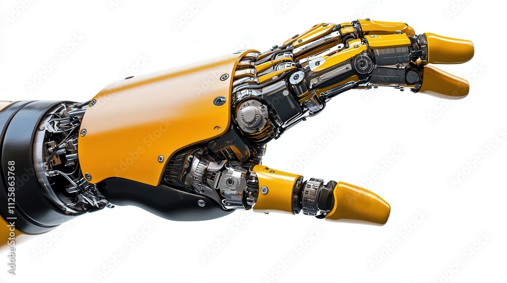 Poster a robotic arm extending its mechanical fingers, isolated on white.