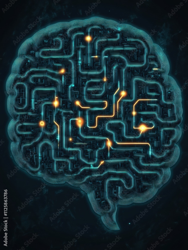 Fototapete A detailed labyrinth shaped like a brain features illuminated pathways and ample space for adding textual content, enhancing creative designs. Generative AI