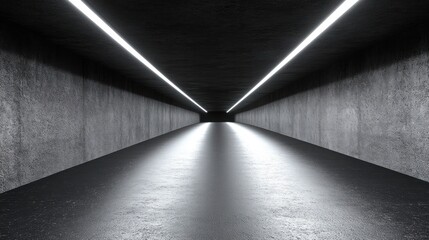 Dark concrete tunnel with bright lights.