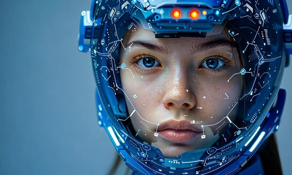 Close-up portrait of a young woman wearing a futuristic helmet with a heads-up display.