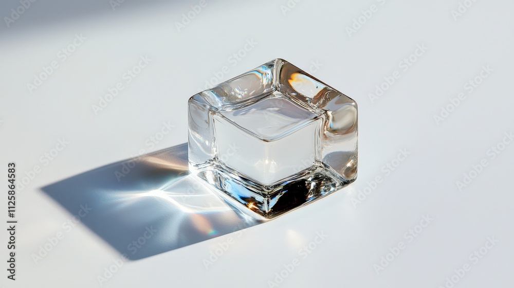 Poster a single ice cube melting on a clean white surface.