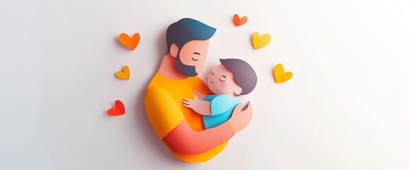 Obraz premium Loving father embracing adorable baby in papercraft style for happy father's day