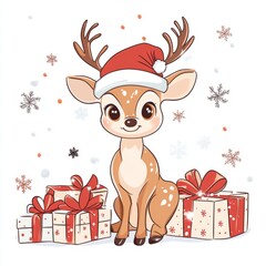 A reindeer wearing a Santa hat sits surrounded by presents
