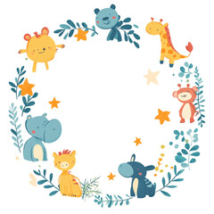 Naklejka premium Adorable Baby Animals Wreath: A Delightful Illustration of Cute Cartoon Critters Encircled by Lush Greenery and Twinkling Stars