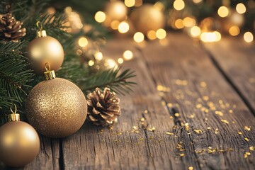Fototapeta premium Empty Wooden Table with Festive Light Spots and Bokeh Backdrop.