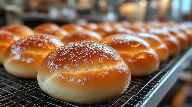Rows of freshly baked bread rolls cool on a wire rack in a bakery. The warm lighting highlights their golden crusts and sesame seed toppings, creating an inviting atmosphere.