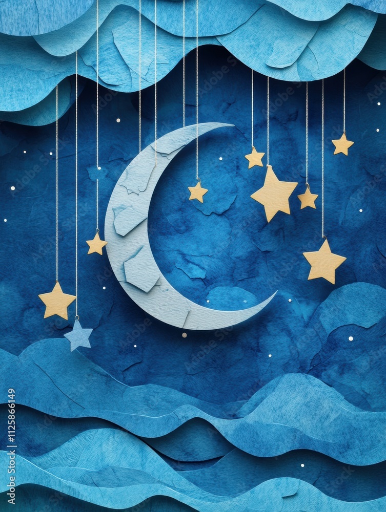 Poster a whimsical holiday display features a paper moon and stars dangling from strings amid rich blue tex